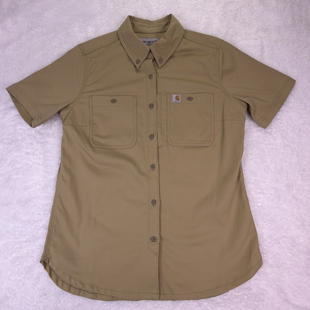 Carhartt Womens Small (4/6) Rugged Professional Short Sleeve Khaki Shirt Pockets